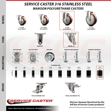 Service Caster 4 Inch 316SS Maroon Poly Swivel 1-7/8 Inch Stem Caster Lock Brake SCC, 2PK SS316TTLEX20S414-PPUB-MRN-2-S-2-178